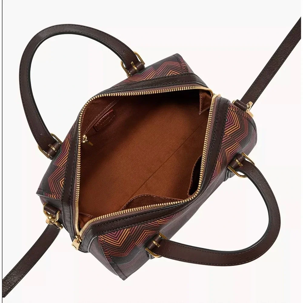 Fossil Brown Chevron Carlie Coated Fabric Harlow Print Satchel Crossbody Bag